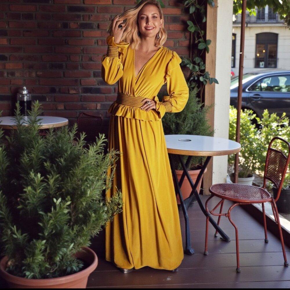 NWOT HAPPY X NATURE (MED) Yellow Long Sleeve Velvet Ruffle Boho Maxi Dress